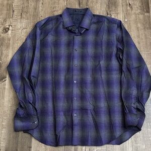 Bugatchi Uomo Classic Fit Grey & Purple Plaid Button Up